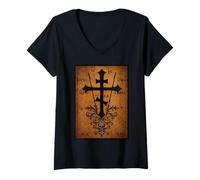 Femme Croix orthodoxe Orientale crâne d'Adam Art chrétien Vintage T-Shirt avec Col en V
