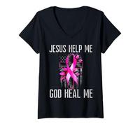 Femme Croix Rose « Jesus Help Me God Heal Me » pour la Sensibilisation au Cancer du Sein T-Shirt avec Col en V