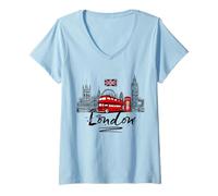Femme Croquis Cool dessiné à la Main Londres Art, Monuments célèbres de Londres T-Shirt avec Col en V