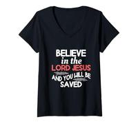 Femme Croyez au Seigneur Jésus et Vous serez sauvé T-Shirt avec Col en V