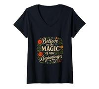 Femme Croyez en la magie du nouveau départ. Design inspirant T-Shirt avec Col en V
