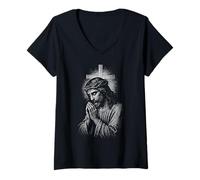 Femme Crucifix Vintage Jésus Christ priant chrétien catholique T-Shirt avec Col en V