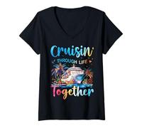 Femme Cruisin Through Life Together Couple de croisière Mari et Femme T-Shirt avec Col en V