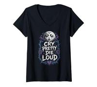 Femme Cry Pretty Die Loud Crying Moon Emo T-Shirt avec Col en V