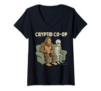 Femme Cryptid Co-OP Sasquatch Bigfoot Alien Playing Video Games T-Shirt avec Col en V