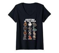 Femme Cryptides du Monde Tableau des Monstres De Dessin Animé T-Shirt avec Col en V