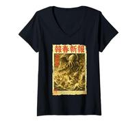 Femme Cthulhu Sea Battle Journal d'horreur Japonais Vintage Ukiyo-e T-Shirt avec Col en V