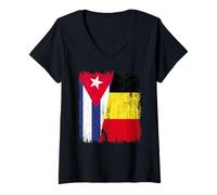 Femme Cuba Belgique Demi Drapeau Cubain Belge Jersey T-Shirt avec Col en V