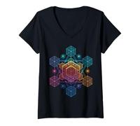 Femme Cube métatron de géométrie sacrée T-Shirt avec Col en V