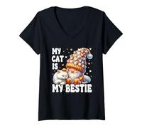 Femme Cuddly Cat Grandpa Gnome For Cat Mom My Cat Is My Bestie T-Shirt avec Col en V