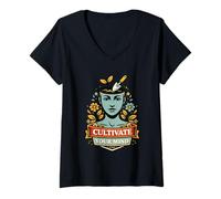 Femme Cultive Ton Esprit Citation Jardin Fleurs Portrait Femme T-Shirt avec Col en V