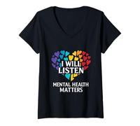 Femme Cœur Arc-en-Ciel J’écoute - Santé mentale T-Shirt avec Col en V