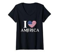 Femme Cœur avec Drapeau américain I Love America T-Shirt avec Col en V