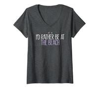 Femme Cœur coloré avec Inscription « I'd Rather Be at The Beach » T-Shirt avec Col en V