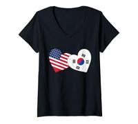Femme Cœur Corée du Sud Amour Drapeau Américain Demi Coréen Moitié Améric T-Shirt avec Col en V