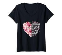 Femme Cœur de Rose « Blessed by God for 73 Years » pour 73e Anniversaire T-Shirt avec Col en V