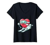 Femme Cœur de ski pour la Saint-Valentin T-Shirt avec Col en V