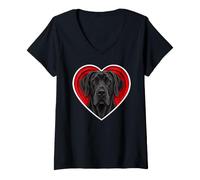 Femme Cœur Dogue Allemand Noir T-Shirt avec Col en V