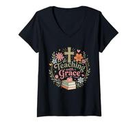 Femme Cœur Floral pour Enseignant chrétien T-Shirt avec Col en V