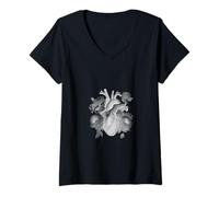 Femme Cœur Gothique Occulte avec Roses Art T-Shirt avec Col en V