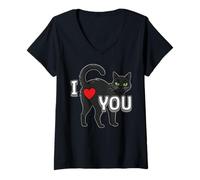 Femme Cœur Humoristique en Forme de Crosse de Chat Noir pour Saint-Valentin I Love You T-Shirt avec Col en V