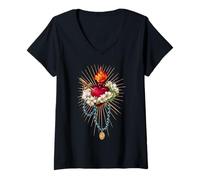 Femme Cœur Immaculé de Marie Marian Rosaire Sainte Mère Catholique T-Shirt avec Col en V