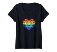 Femme Cœur mosaïque en verre teinté arc-en-ciel Pride T-Shirt avec Col en V