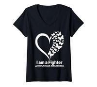 Femme Cœur papillon « I Am A Fighter Lung Cancer Awareness » T-Shirt avec Col en V