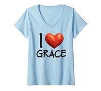 Femme Cœur personnalisé avec Inscription « I Love Grace » T-Shirt avec Col en V