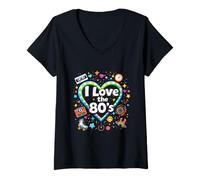 Femme Cœur rétro coloré « I Love The 80's » T-Shirt avec Col en V