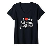 Femme Cœur Romantique avec Inscription « I Love My Hot Mess Girlfriend » T-Shirt avec Col en V