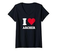 Femme Cœur Rouge « I Love Archer » T-Shirt avec Col en V