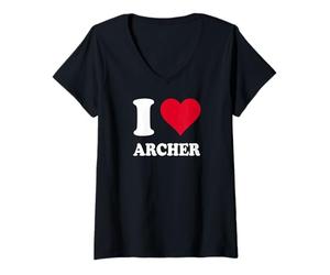 Femme Cœur Rouge « I Love Archer » T-Shirt avec Col en V