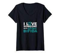 Femme Cœur Ruban Bleu Sarcelle « I Love Someone with Spina Bifida » T-Shirt avec Col en V