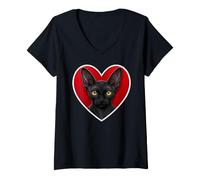Femme Cœur Sphynx Noir T-Shirt avec Col en V