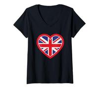Femme Cœur Union Jack, I Love The United Kingdom, UK, England, T-Shirt avec Col en V