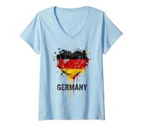 Femme Cœur Vieilli Drapeau de l'Allemagne éclaboussures de Peinture T-Shirt avec Col en V