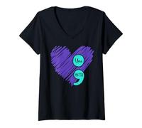 Femme Cœur Violet Bleu Sarcelle pour Sensibilisation au Suicide T-Shirt avec Col en V
