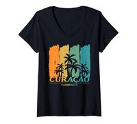 Femme Curacao Caraïbes Palmiers dans Le Vent Plage Île Souvenir T-Shirt avec Col en V