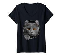 Femme Curious American Curl Cat regardant à Travers T-Shirt avec Col en V