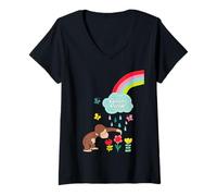 Femme Curious George Rainbows and Flowers Spring Fun T-Shirt avec Col en V