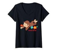 Femme Curious George Spring Flower Fun T-Shirt avec Col en V