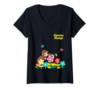 Femme Curious George Spring Flower Garden Fun T-Shirt avec Col en V