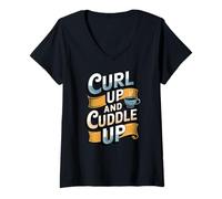Femme Curl Up and Cuddle Vibes Mode Relaxation Amateur de café Confortable T-Shirt avec Col en V