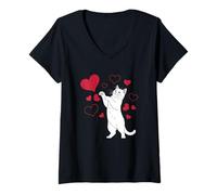 Femme Cœurs de Chat malicieux pour la Saint-Valentin T-Shirt avec Col en V