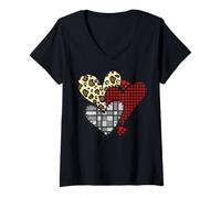 Femme Cœurs Patchwork Rustiques Léopard Carreaux Love Chic T-Shirt avec Col en V