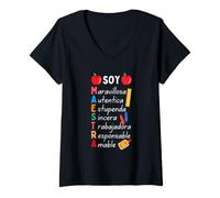 Femme Cut Soy Maestra De Español Professeur d'Espagnol Bilingue Espagnol T-Shirt avec Col en V