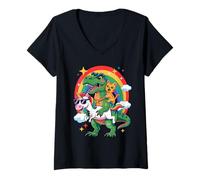 Femme Cute Animal Unicorn Cat Riding Dinosaur Rainbow Space Galaxy T-Shirt avec Col en V