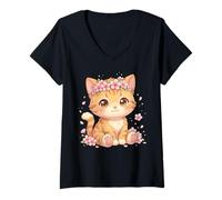 Femme Cute Anime Cat with Cherry Blossoms Flower Kids Girls Boys T-Shirt avec Col en V