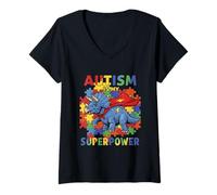Femme Cute Autism is my Superpower Autism Awareness Dinosaure T-Shirt avec Col en V